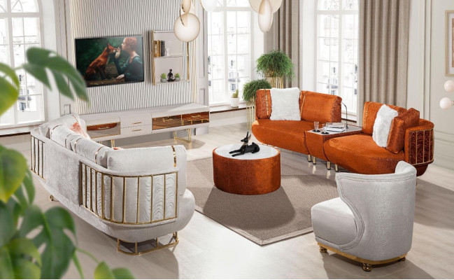 Modern orange-white living room furniture three-seater coffee table wooden furniture