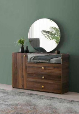 Bedroom dresser with round mirror brown modern rectangular design style
